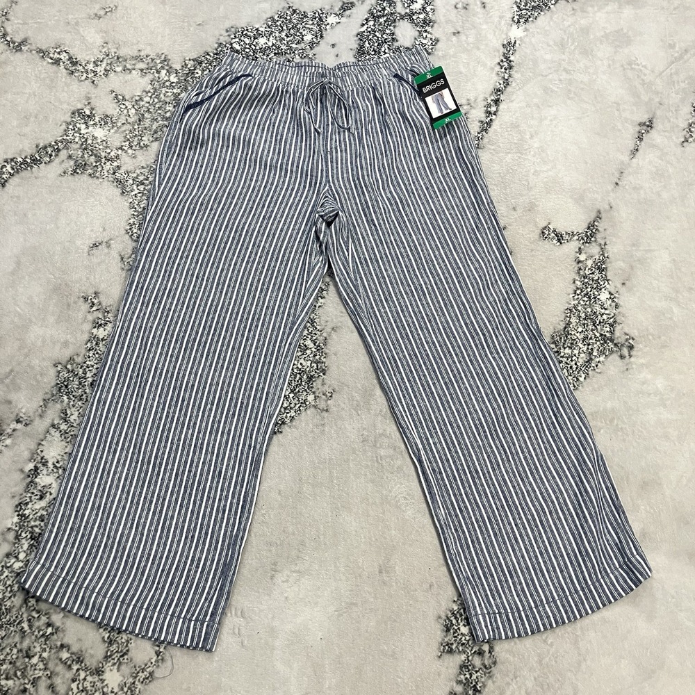Briggs NWT Linen Blend Wide Leg‎ Crop Pants Women's XL Blue White Stripe Pull On